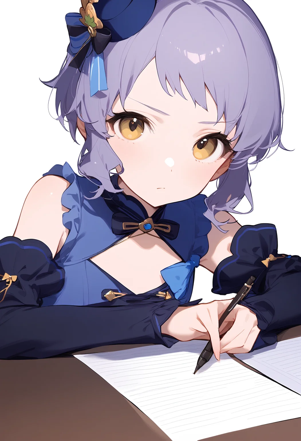 1girl,blue dress,blue sleeves,detached sleeves,flat chest,long sleeves,makabe mizuki,solo,black sleeves,blue headwear,closed mouth,clothing cutout,dot nose,looking at viewer,upper body,expressionless,frills,mini hat,serious,white background,bow,holding pen,light blush,paper,simple background,sleeveless,table,writing,<lora:a31_char_new_makabe_mizuki-000014:1>masterpiece, best quality, absurdres<lora:a31_style_koni-000010:0.8>
