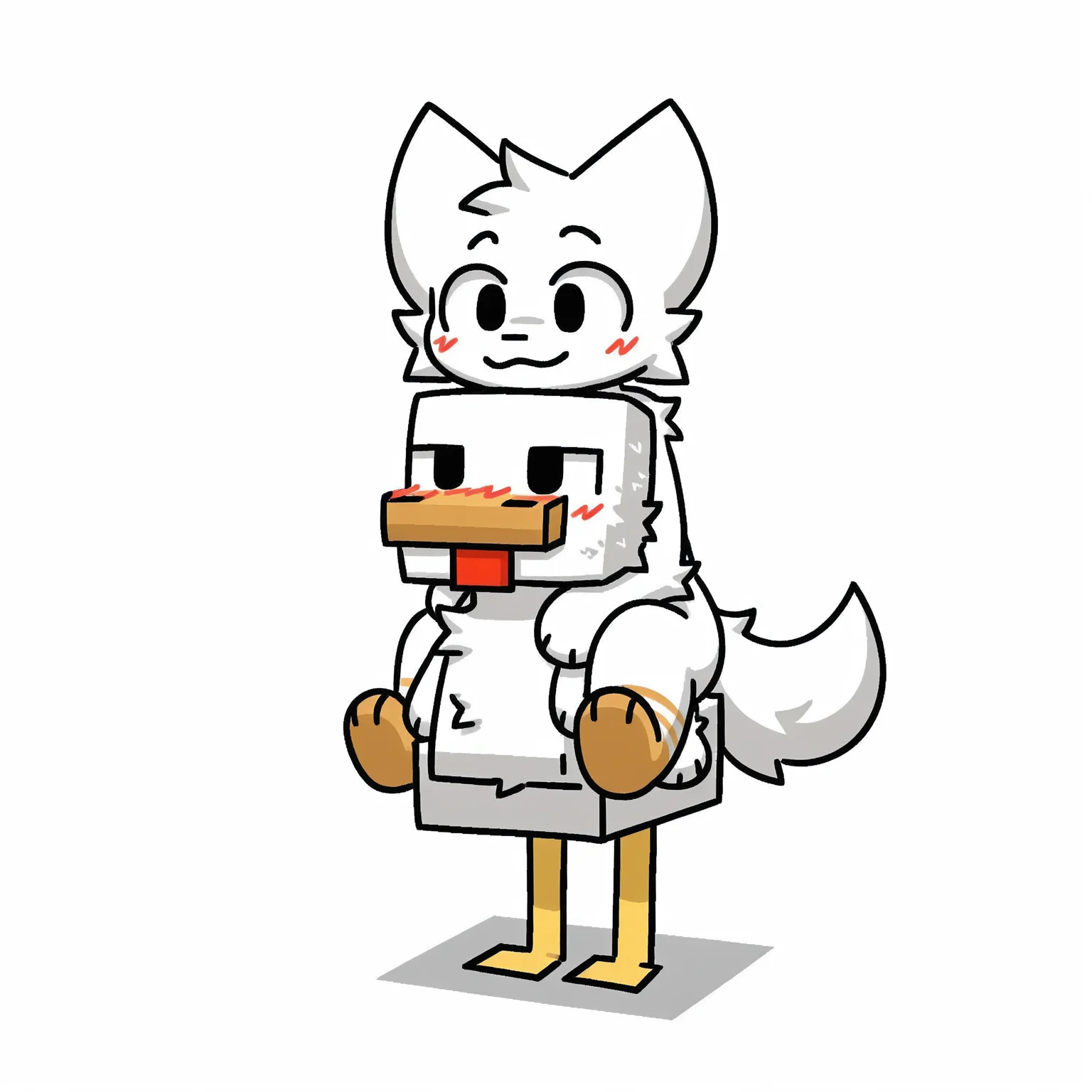 <lora:checken_jockey-il:2>, mikus-concept, minecraft chicken, riding, chicken jockey, sitting, simple background, square body, square head, beak, BREAK, <lora:boykisser-il>, boykisser, solo, furry, cat, white fur, black eyes, blush