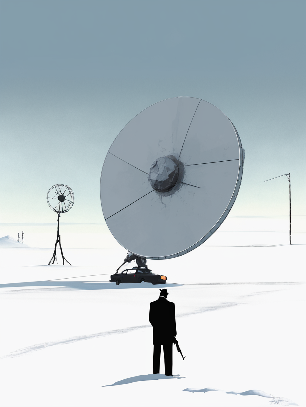 <lora:Alex Andreev style:1>Alex Andreev style - a minimal poster of a mysterious man in a suit holding a gun infront of a satellite dish in snow