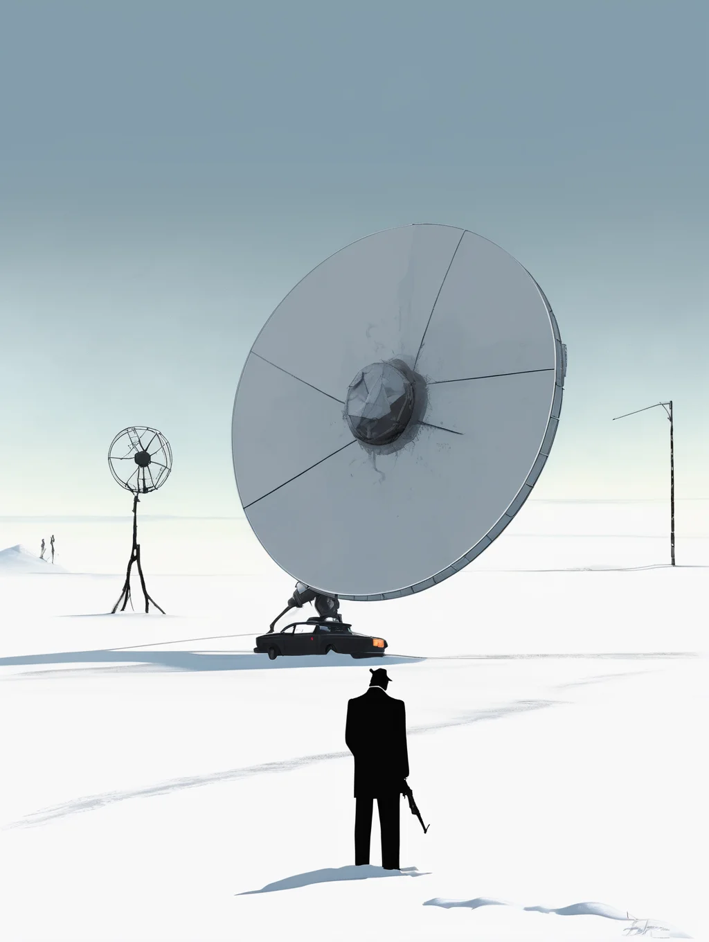 <lora:Alex Andreev style:1>Alex Andreev style - a minimal poster of a mysterious man in a suit holding a gun infront of a satellite dish in snow
