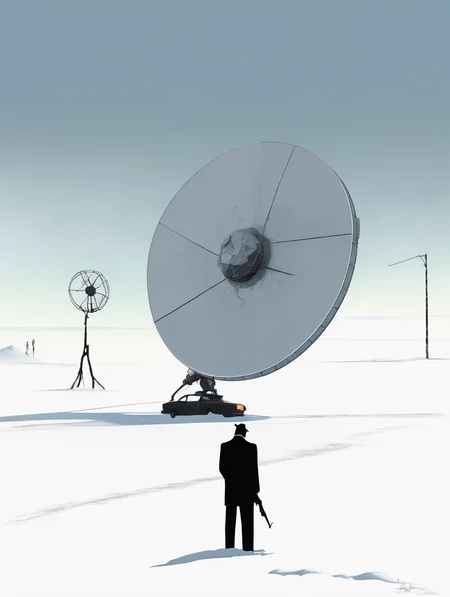 <lora:Alex Andreev style:1>Alex Andreev style - a minimal poster of a mysterious man in a suit holding a gun infront of a satellite dish in snow
