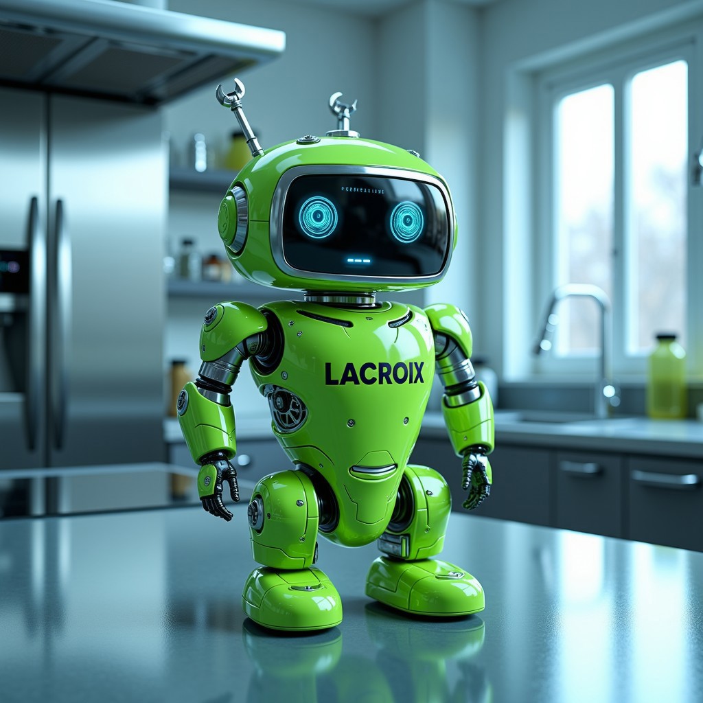 cybotix style, photorealistic, intricately detailed amateur raw photography, high dynamic color range, glossy, BREAK,  a green aluminum can of lime seltzer water labeled 'LACROIX' transformed into a tiny futuristic robot. The robot should have metallic arms and legs emerging from the can, with delicate glowing LED lights running along the edges of its body. The 'LACROIX' branding remains prominent on its chest, and its head is a small digital screen displaying animated eyes. The robot's arms are holding miniature tools like a wrench and a screwdriver, with a sleek, glossy metallic surface. The setting is a clean, minimalist futuristic kitchen with smooth countertops, chrome appliances, and ambient blue lighting.