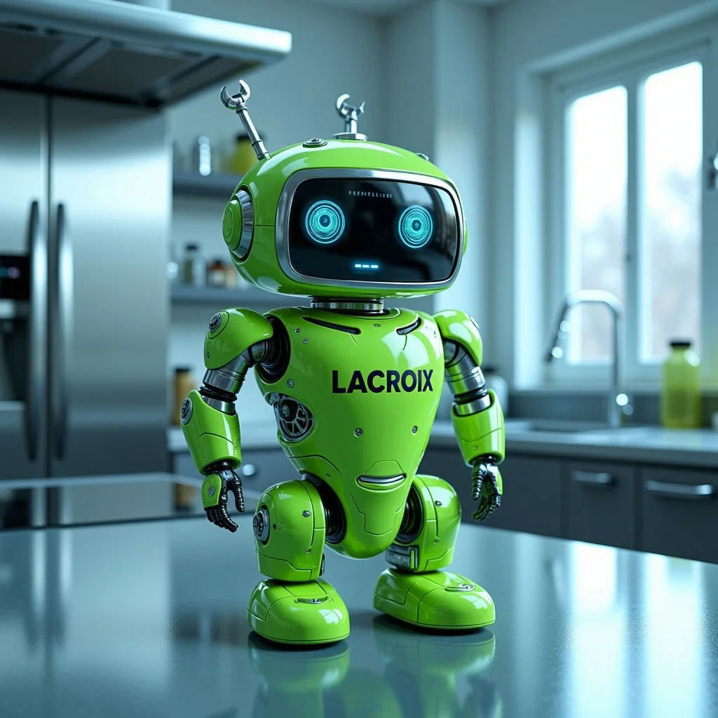 cybotix style, photorealistic, intricately detailed amateur raw photography, high dynamic color range, glossy, BREAK,  a green aluminum can of lime seltzer water labeled 'LACROIX' transformed into a tiny futuristic robot. The robot should have metallic arms and legs emerging from the can, with delicate glowing LED lights running along the edges of its body. The 'LACROIX' branding remains prominent on its chest, and its head is a small digital screen displaying animated eyes. The robot's arms are holding miniature tools like a wrench and a screwdriver, with a sleek, glossy metallic surface. The setting is a clean, minimalist futuristic kitchen with smooth countertops, chrome appliances, and ambient blue lighting.