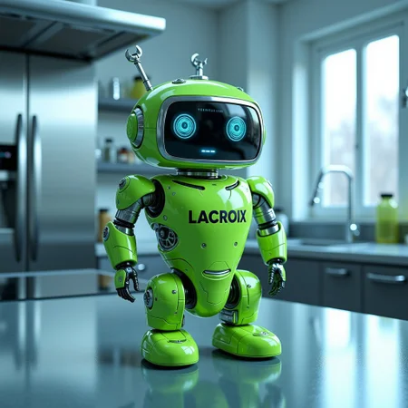 cybotix style, photorealistic, intricately detailed amateur raw photography, high dynamic color range, glossy, BREAK, a green aluminum can of lime seltzer water labeled 'LACROIX' transformed into a tiny futuristic robot. The robot should have metallic arms and legs emerging from the can, with delicate glowing LED lights running along the edges of its body. The 'LACROIX' branding remains prominent on its chest, and its head is a small digital screen displaying animated eyes. The robot's arms are holding miniature tools like a wrench and a screwdriver, with a sleek, glossy metallic surface. The setting is a clean, minimalist futuristic kitchen with smooth countertops, chrome appliances, and ambient blue lighting.