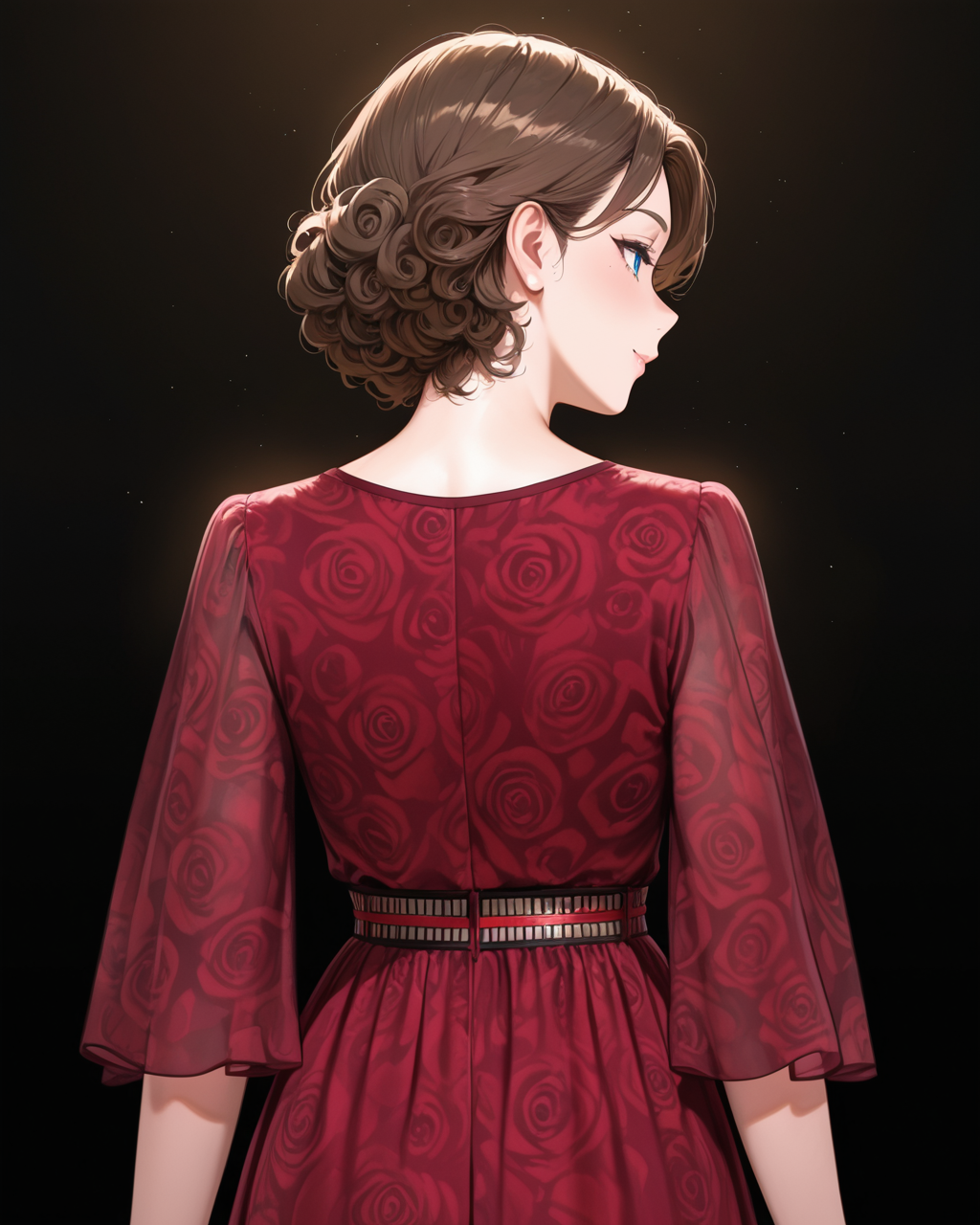 Positive: Masterpiece, best quality, amazing quality, very aesthetic, high resolution, ultra-detailed, absurdres,
1girl,solo,brown_hair, short_hair, curly_hair,blue_eyes, mature_female,    
red v-neck belt rose print chiffon dress,
cowboy_shot,
black_background,from_behind, 
