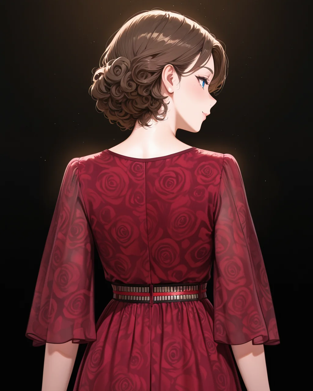 Positive: Masterpiece, best quality, amazing quality, very aesthetic, high resolution, ultra-detailed, absurdres,
1girl,solo,brown_hair, short_hair, curly_hair,blue_eyes, mature_female,
red v-neck belt rose print chiffon dress,
cowboy_shot,
black_background,from_behind,