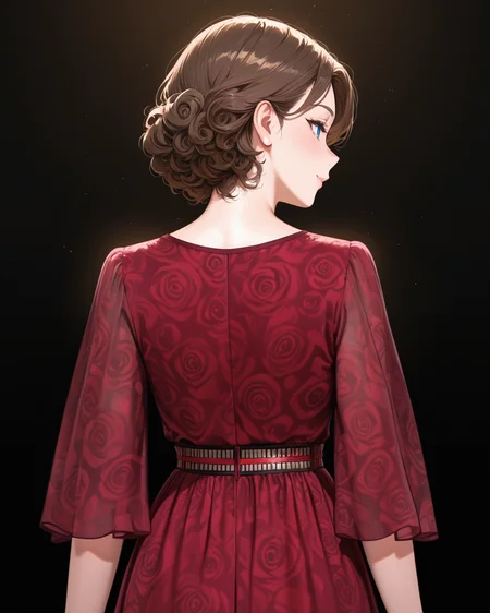 Positive: Masterpiece, best quality, amazing quality, very aesthetic, high resolution, ultra-detailed, absurdres,
1girl,solo,brown_hair, short_hair, curly_hair,blue_eyes, mature_female,
red v-neck belt rose print chiffon dress,
cowboy_shot,
black_background,from_behind,