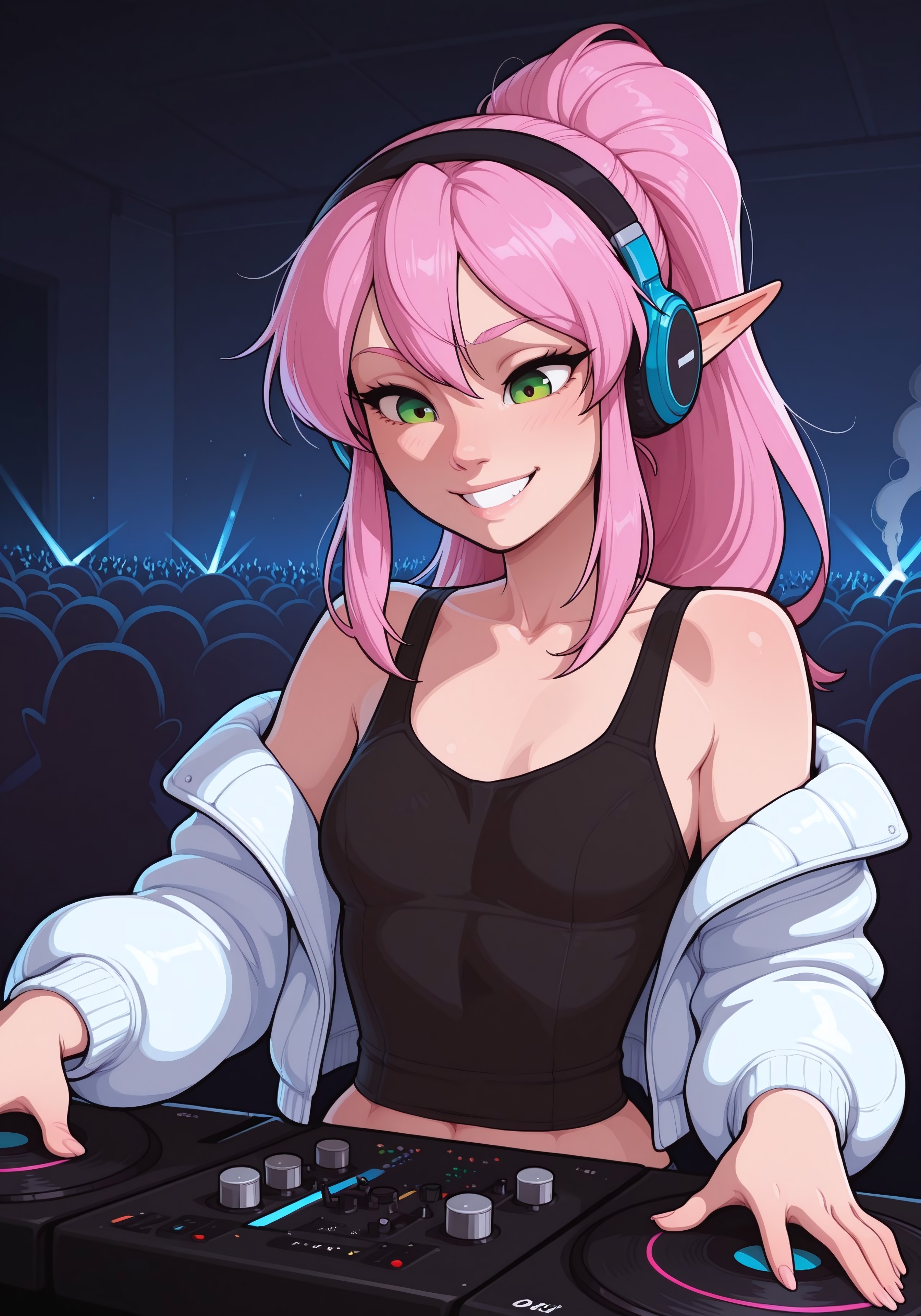 masterpiece, best quality, amazing quality, very aesthetic, absurdres, 5p4rr0w, artist style, 1girl, sexy, elf dj, green eyes, elegant hairstyle, long hair, pink hair, long hair, small breasts, tank top, headphones, detailed face, lineless, incoth, (incase:0.6), black tank top, white puff jacket, headphones, grin, concentrating, turntable, speakers, colorful light show, smoke, sound equipment, dj, rave, indoors, crowd in foreground,