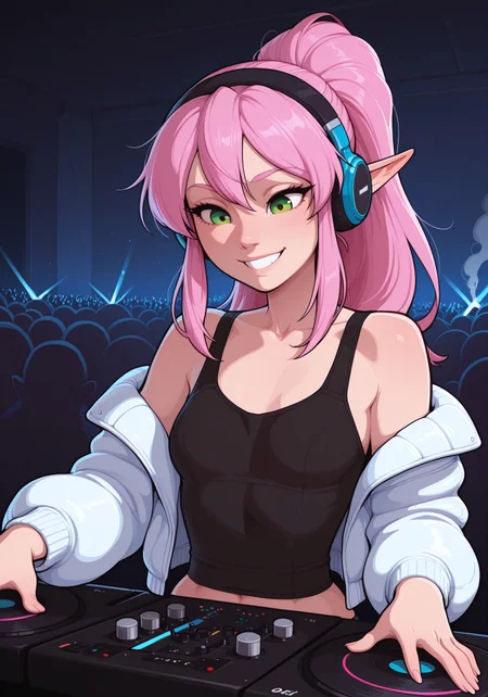 masterpiece, best quality, amazing quality, very aesthetic, absurdres, 5p4rr0w, artist style, 1girl, sexy, elf dj, green eyes, elegant hairstyle, long hair, pink hair, long hair, small breasts, tank top, headphones, detailed face, lineless, incoth, (incase:0.6), black tank top, white puff jacket, headphones, grin, concentrating, turntable, speakers, colorful light show, smoke, sound equipment, dj, rave, indoors, crowd in foreground,