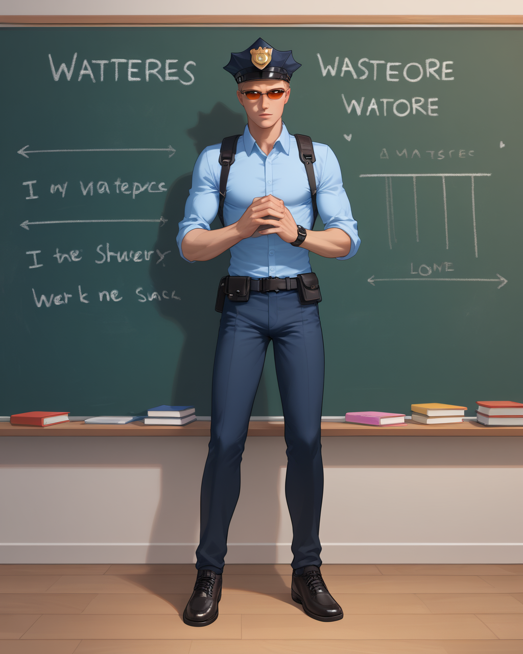 PonyScores7, source_anime, ah1, best quality, (masterpiece:1.4), (high quality:1.4), sharp focus, 4k, absurd resolution, <lora:albertwesker-guy-PONYv1:0.8> albertwesker, albert wesker, 1boy,  blonde, (sunglasses:1.3), looking at viewer, toned, athletic, fit, slicked back hair, mature male, short hair, (teacher, in a small classroom educating children of all backgrounds with a chalkboard and books patient and devoted to spreading knowledge), (Sleek gray uniform with a fitted shirt, slim-fit pants, police cap, matte black shoes, equipped with pepper spray), bad-hands-5, <lora:xl_more_art-full_v1:0.2>, <lora:shinyskin2:0.2> glistening skin, <lora:aesthetic_anime_v1s:0.2>, <lora:Expressive_H:0.2> Expressiveh, <lora:hairdetailpxl:0.2> hairdetailpxl, <lora:detailxl:0.2> detailxl, (focused, intense glare), short hair, (reddish orange eyes, slit pupils), best quality, amazing quality, best aesthetic, absurdres, <lora:expressive eyes:0.2> expressive eyes, <lora:eyedetailpxl:0.2> eyedetailpxl, illustration, Volumetric_Lighting, ultra-detailed, very aesthetic, intricate details, 8k, masterpiece, best_quality, (angular face, sharp_featured face), <lora:Eyes_High_Definition:0.2> EyesHD, handsome, charming, alluring, AS-MidAged, ((full body)),
