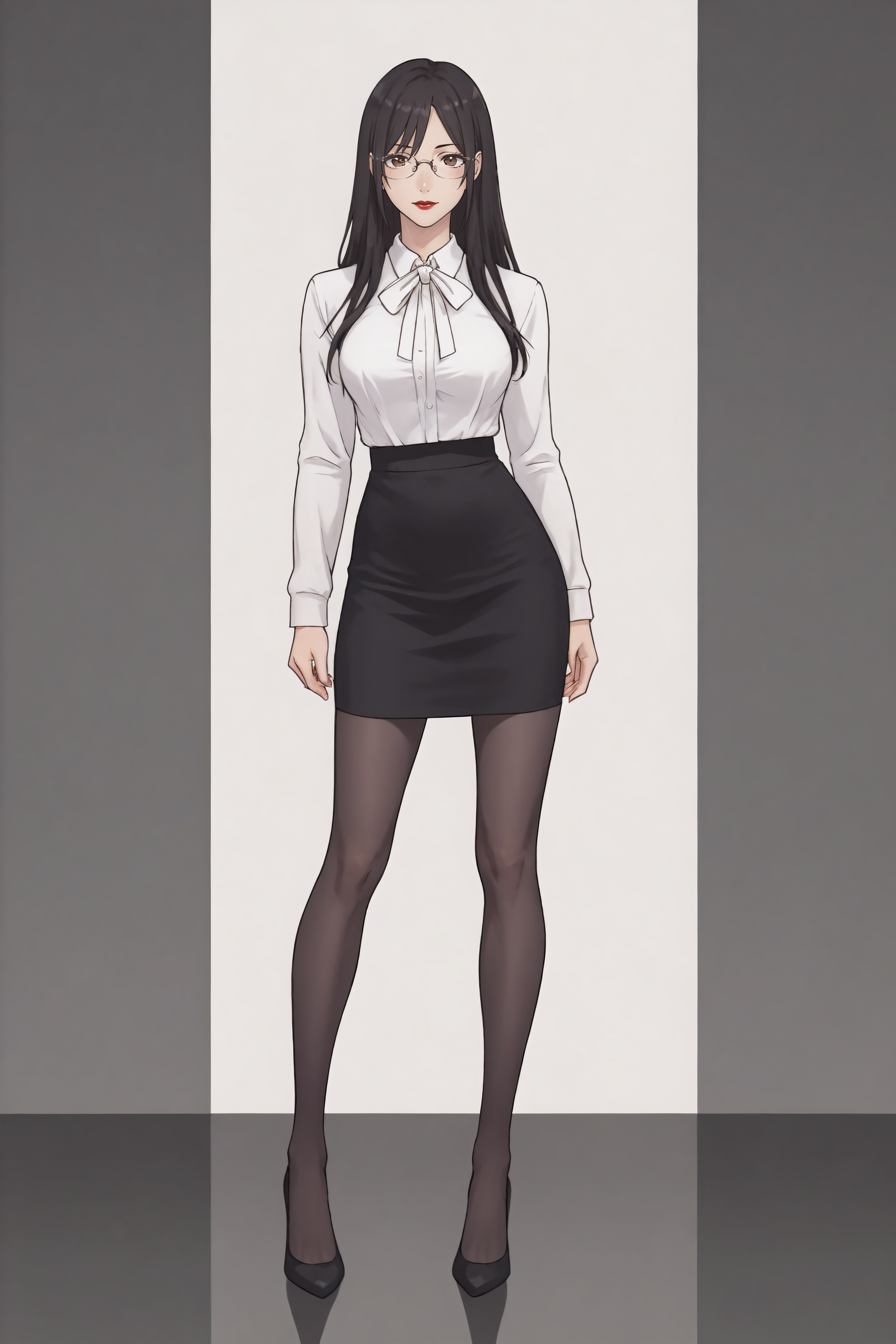 score_9, score_8_up, score_7_up, BREAK source_anime, <lora:Mayuri Hanyuu-PonyXL-lora-Faxtron:0.8> mayuri hanyuu, brown eyes, black hair, long hair, medium breasts, red lips, glasses, white shirt, white neck ribbon, pencil skirt, black pantyhose, high heels, standing,