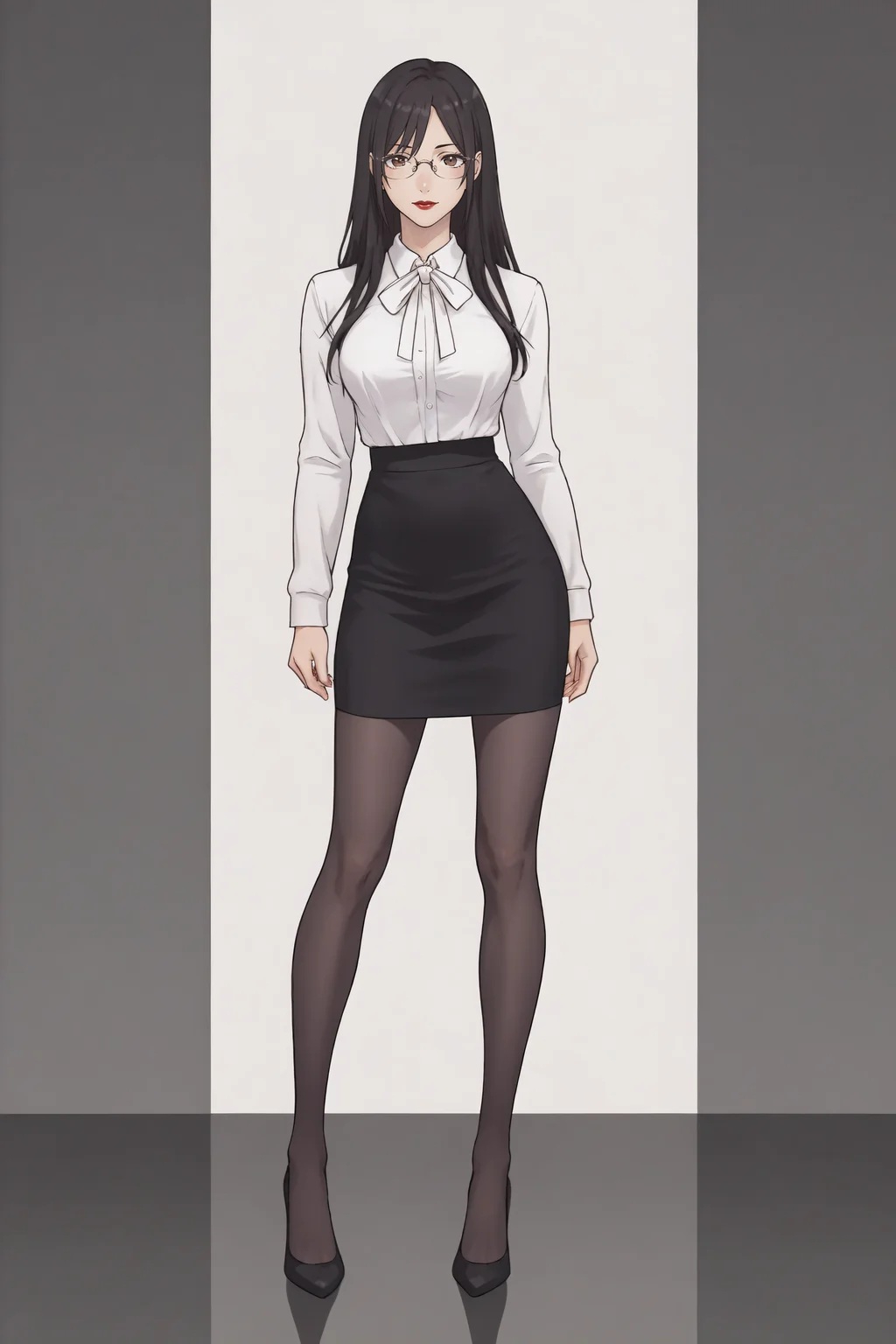 score_9, score_8_up, score_7_up, BREAK source_anime, <lora:Mayuri Hanyuu-PonyXL-lora-Faxtron:0.8> mayuri hanyuu, brown eyes, black hair, long hair, medium breasts, red lips, glasses, white shirt, white neck ribbon, pencil skirt, black pantyhose, high heels, standing,