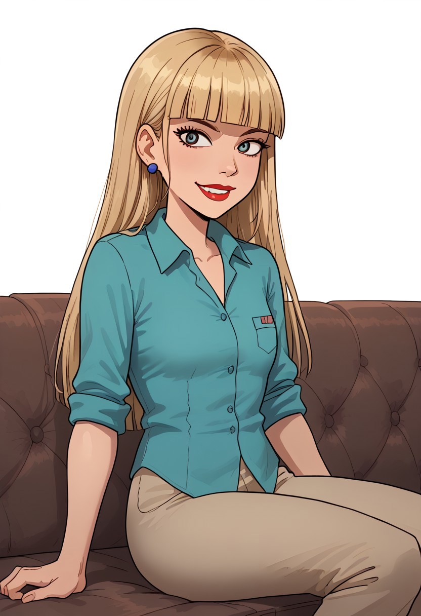 score_9, score_8_up, score_7_up, detailed, detailed body, detailed face,
Expressiveh, flat color, fca style, toon \(style\), 2d, BREAK,
white background, seat on sofa, ((front view)) solo, smile, BREAK,
((light blonde hair:1.4)), (sharp bangs:1.4), (bangs:1.4), (blunt bangs:1.4), long hair, lois, dot pupils, 1girl, flat chest,
blue earrings, jewelry, solo, lipstick, aqua shirt, beige pants, sleeves rolled up, datmom, lips,