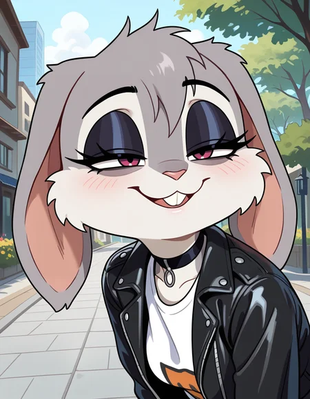 masterpiece, best quality, very aesthetic, absurdres,
outdoors,
headshot,
black choker, t-shirt, leather jacket,
seductive smile, long eyelashes,
<lora:Violet_v01_NAIXL:1>
V10l37,1girl,solo,furry,furry female, rabbit girl, rabbit ears, animal nose, buck teeth, body fur, grey fur,