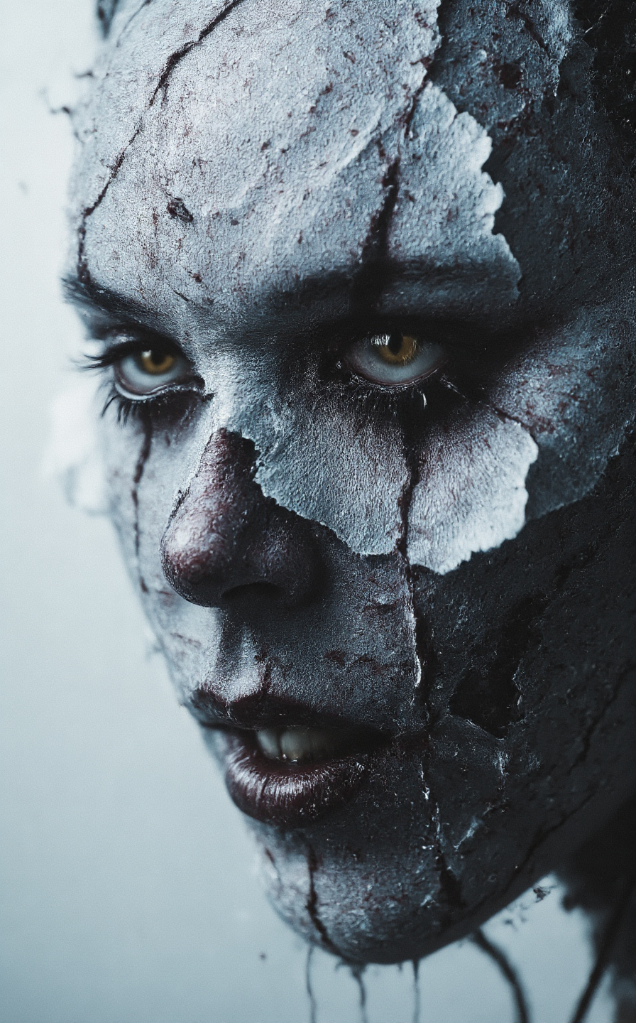 A close-up of the robot woman’s face, distorted by the uncanny valley effect. Her features look as if they were molded from a rubber mask—too smooth, unnaturally perfect, almost like a parody of a human face. The synthetic skin, mimicking flesh, peels slightly at the edges, revealing the cold metallic frame beneath, a tangle of wires, gears, and hydraulic mechanisms that shift faintly, as if struggling to hold the mask in place. Her mouth is slightly open, but instead of a tongue or teeth, thin cables and microchips glimmer faintly inside, pulsing with a weak light.

But her eyes... They are incredibly alive, deep, almost human. Their color is rich and warm, with intricate details that make them indistinguishable from real ones. They stare directly at the viewer, piercing through the soul with their gaze. In them, there’s a mix of pain, hope, and unspoken emotions, as if behind this mechanical shell lies a true personality, trapped within a metal body. The intensity of her eyes contrasts sharply with the eerie unnaturalness of her face, creating a sense that she is both a machine and something far greater.

Raindrops slide down her rubber-like mask, catching on the edges where the skin transitions into metal, and fall like tears. The light from a distant streetlamp reflects in her eyes, adding depth and life to them. This close-up forces the viewer to pause, blending fear and compassion, because behind this haunting mask lies a soul that looks at the world with hope and pain, as if pleading for understanding