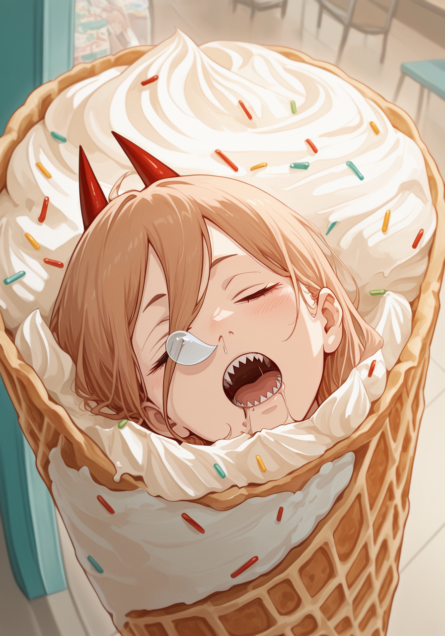 embedding:IllusP0s, nose bubble, sleeping, drooling, 1girl, power_\(chainsaw man\), in giant icecream cone, indoors, icecream shop, 1girl, solo, sprinkles, creamy icecream swirl, booth, waffle cone,<lora:nose_bubble_ill.safetensors:1.0:1.0>