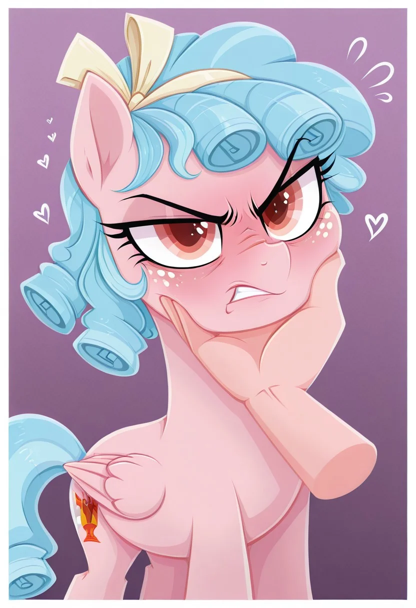 pony, 1girl, solo, feral, pony, mare, cg-mlp, pony, imp4ct_style, pegasus, pink body, red eyes, pale blue hair, ringlets, yellow hairband, freckles, pov, disembodied limb, disembodied arm, hand on another's chin, hand_on_face, cute, heart_stickers, angry_expression, blushing, sus, chin grab,