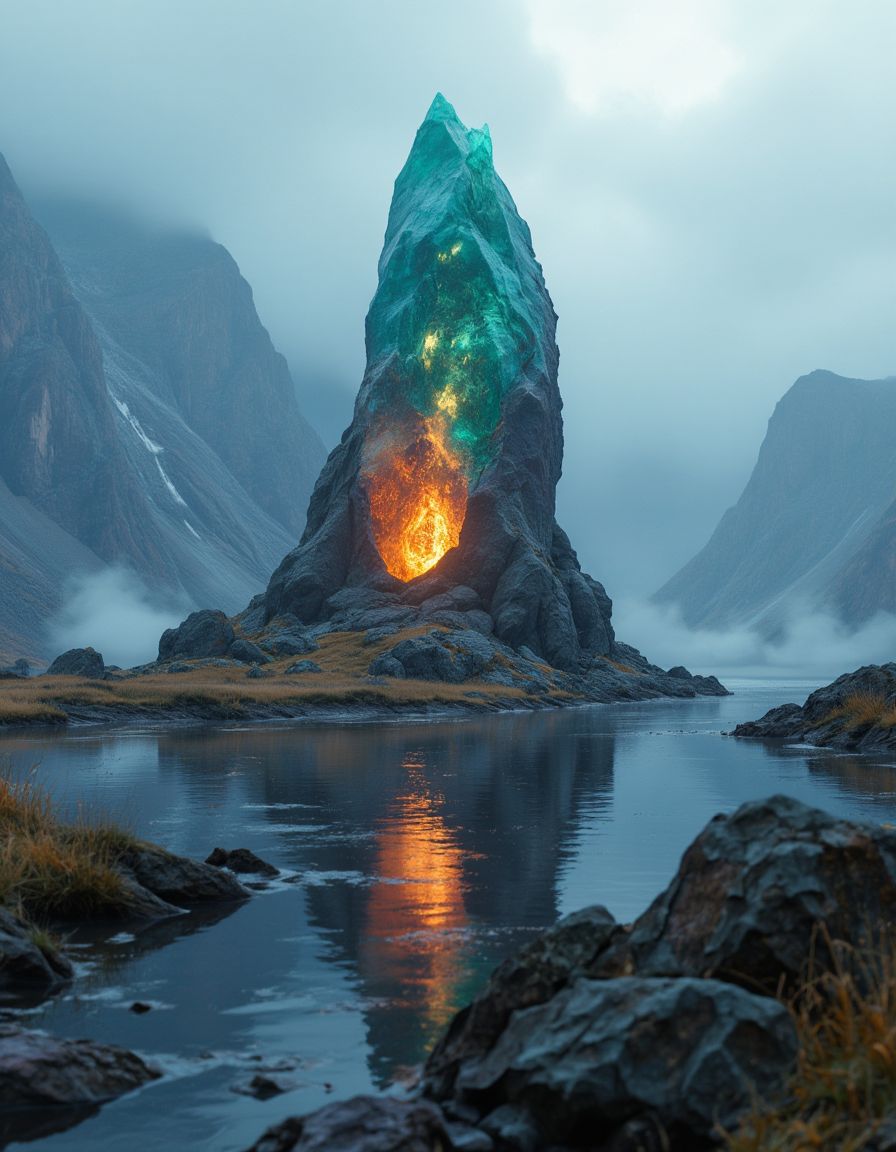 extremely detailed, landscape of an unknown planet, (futuristic monolith:1.8), the monolith is (covered:1.1) with minerals and rare crystals of an alien type, The crystal has sharp, geometric facets in shades of deep orange and blue, amethyst, and emerald, with a subtle internal glow, futuristic landscape, lake, cloudy weather, unreal engine 5, perfect composition, vibrant, rtx, hbao, extremely detailed, maximum resolution, 8k, (perfect composition:1.2), superior color grading,  (realistic:1.4), (panoramic composition:1.5), (night photography:1.5), complementary colors, foggy atmosphere, lord of the rings style Worm’s-eye view,
Frontal view,
Shallow depth of field,
Highlight,
Cursed Village,
Ultra-high resolution,
<lora:Hyper-FLUX.1-dev-16steps-lora:0.125> <lora:XLabs Flux Realism lora:1>