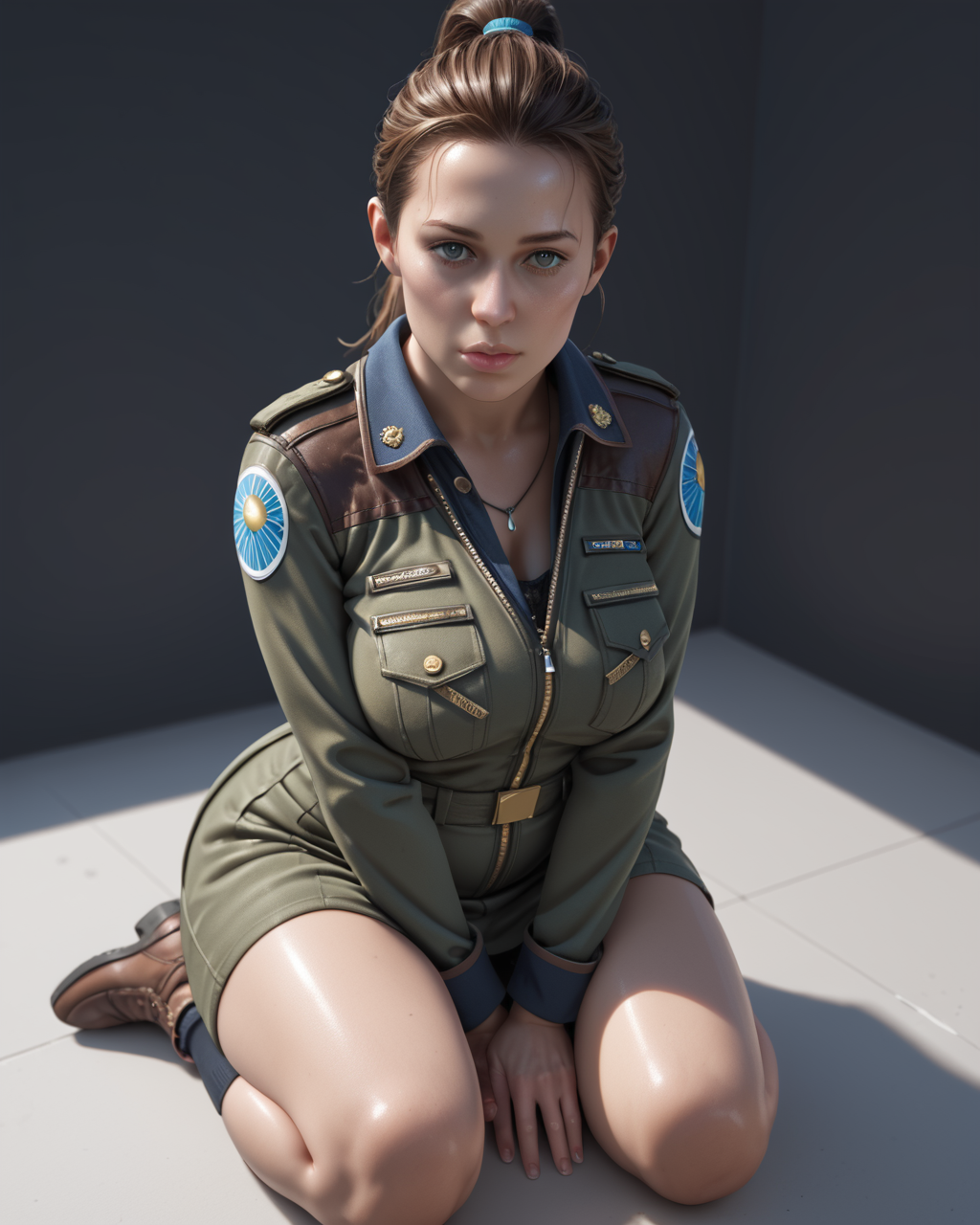 PonyScores7, source_anime, ah1, 1girl, long hair, (black hair), mature female, (curvy), caucasian, skindentation, thick thighs, wide hips, busty, voluptuous, lips, bad-hands-5, <lora:venus body PonyXL:0.6>, <lora:xl_more_art-full_v1:0.3>, <lora:shinyskin2:0.3> glistening skin, <lora:aesthetic_anime_v1s:0.3>, <lora:Expressive_H:0.3> Expressiveh, <lora:hairdetailpxl:0.3> hairdetailpxl, <lora:EpicF4nta5yXL:0.3>, <lora:detailxl:0.3> detailxl, <lora:Fant5yP0ny:0.3>, best quality, amazing quality, best aesthetic, absurdres, <lora:expressive eyes:0.3> expressive eyes, <lora:eyedetailpxl:0.3> eyedetailpxl, illustration, Volumetric_Lighting, ultra-detailed, very aesthetic, intricate details, 8k, masterpiece, best_quality, (Melancholic, A face deeply imbued with sadness and introspection), (Dutch Angle view Extreme Close shot (focus on knees)), (preying on the unsuspecting), <lora:Eyes_High_Definition:0.3> EyesHD, looking at viewer,  Stable_Yogis_PDXL_Positives, AS-Adult,  <lora:AmandaAlien:0.5> Amanda_Ripley, ponytail, jacket, uniform, military,