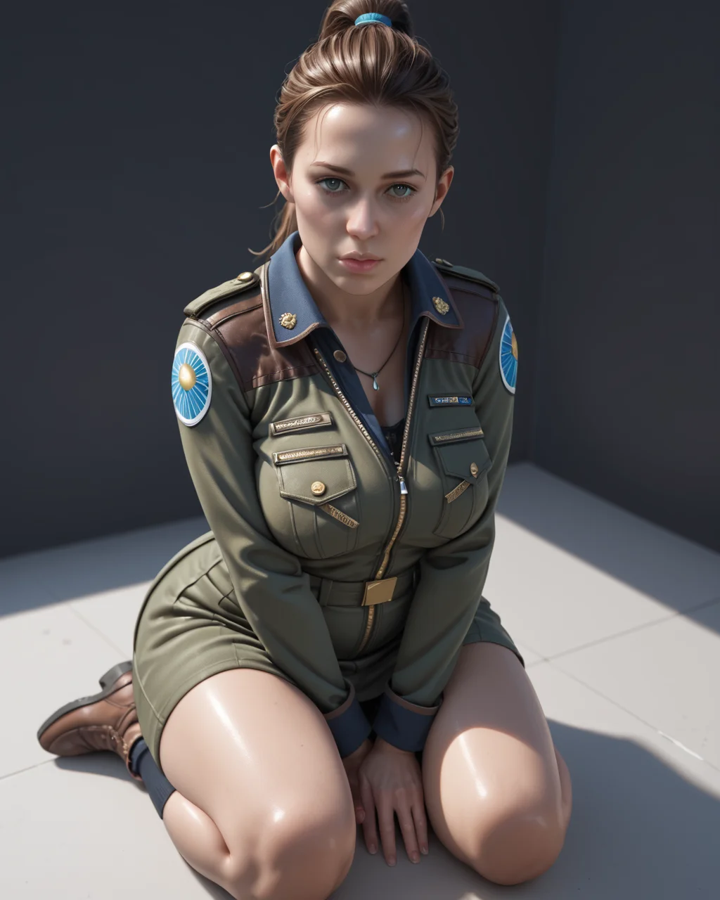 PonyScores7, source_anime, ah1, 1girl, long hair, (black hair), mature female, (curvy), caucasian, skindentation, thick thighs, wide hips, busty, voluptuous, lips, bad-hands-5, <lora:venus body PonyXL:0.6>, <lora:xl_more_art-full_v1:0.3>, <lora:shinyskin2:0.3> glistening skin, <lora:aesthetic_anime_v1s:0.3>, <lora:Expressive_H:0.3> Expressiveh, <lora:hairdetailpxl:0.3> hairdetailpxl, <lora:EpicF4nta5yXL:0.3>, <lora:detailxl:0.3> detailxl, <lora:Fant5yP0ny:0.3>, best quality, amazing quality, best aesthetic, absurdres, <lora:expressive eyes:0.3> expressive eyes, <lora:eyedetailpxl:0.3> eyedetailpxl, illustration, Volumetric_Lighting, ultra-detailed, very aesthetic, intricate details, 8k, masterpiece, best_quality, (Melancholic, A face deeply imbued with sadness and introspection), (Dutch Angle view Extreme Close shot (focus on knees)), (preying on the unsuspecting), <lora:Eyes_High_Definition:0.3> EyesHD, looking at viewer, Stable_Yogis_PDXL_Positives, AS-Adult, <lora:AmandaAlien:0.5> Amanda_Ripley, ponytail, jacket, uniform, military,