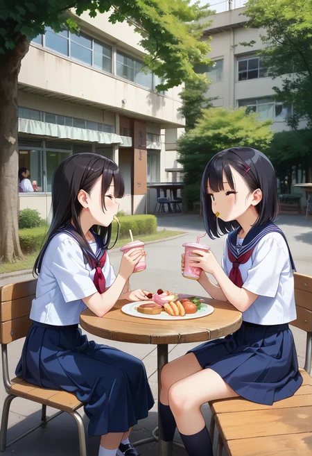 score_9, score_8_up, score_7_up, rating_safe, masterpiece, best quality, absurdres, unity 8k wallpaper, official art, official style, source_anime, uncensored, game cg, megami magazine,
nakaniwa, multiple girls, school uniform, tree, black hair, serafuku, outdoors, skirt, table, sitting, sailor collar, eating, food, day, building, cup
<lora:gakkou_nakaniwa_PONY_V1:1>