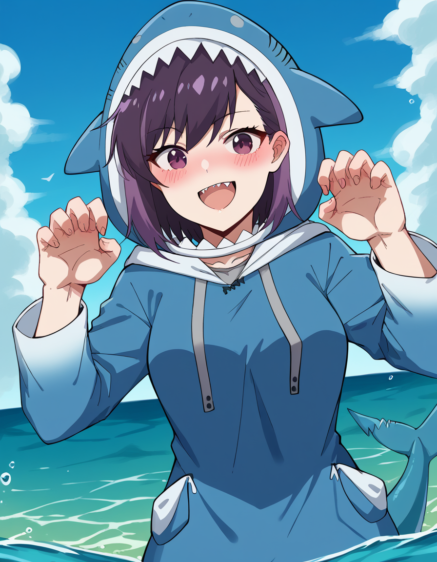 score_9, score_8_up, score_7_up, source_anime, <lora:rika-honjouji-alpha-ponyxl-lora-nochekaiser:1>, rika honjouji, short hair, bangs, purple hair, purple eyes, streaked hair, medium breasts,, <lora:gawr-gura-cosplay-ponyxl-lora-nochekaiser:1>, gawrguracosplay, gawr gura (cosplay), shark hood, shark costume, blue hoodie, shark tail, animal hood, fish tail,, outdoors, ocean, water, submerged, smile, blush, paw pose, open mouth, fangs, sharp teeth,, , cowboy shot, dutch angle,
