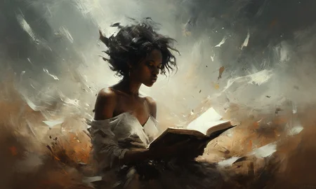 Earthy tones swirl around a Black girl in a windy field, her open book a portal of flying pages rendered in bold lines and gritty brushstrokes, treading on artstation, (style of Martin Grip, Richard Anderson, Silvia Pelissero:1.4)