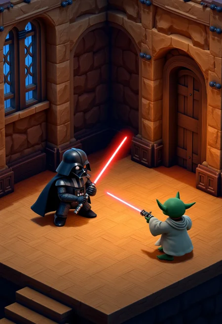 mariorpgstyle, isometric view, Darth Vader having a lightsaber duel with to Yoda. Isometric view.