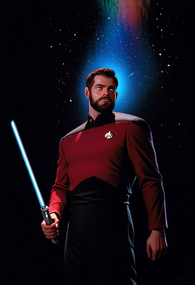 score_9, score_8_up, score_7_up, score_6_up, score_5_up, score_4_up,   <lora:Boris_Vallejo_Style_Pony:1.1> b0ris style painting, dark background, colorful, sci-fi,   <lora:Star_Trek_TNG_PonyXL_Concept:1> sttng,red Starfleet uniform ,william_riker, beard, blue lightsaber,  <lora:dark:0.4>