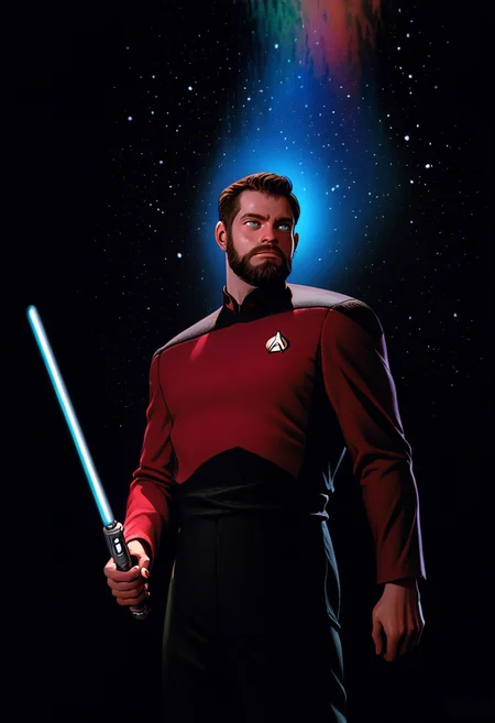 score_9, score_8_up, score_7_up, score_6_up, score_5_up, score_4_up,   <lora:Boris_Vallejo_Style_Pony:1.1> b0ris style painting, dark background, colorful, sci-fi,   <lora:Star_Trek_TNG_PonyXL_Concept:1> sttng,red Starfleet uniform ,william_riker, beard, blue lightsaber,  <lora:dark:0.4>