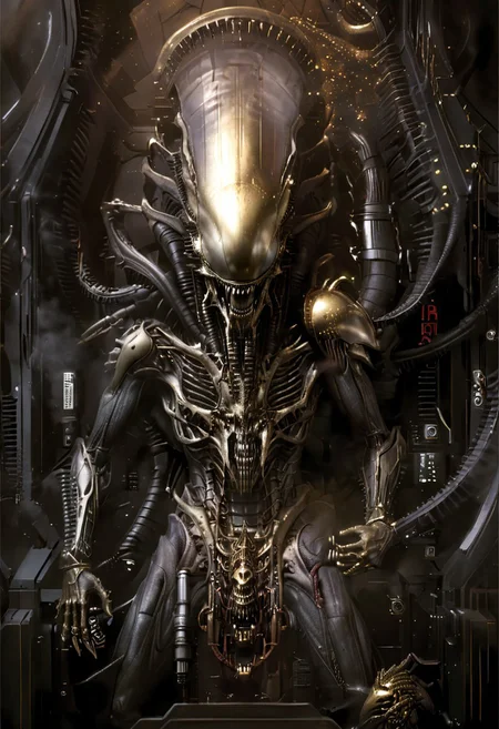 An insanely Detailed Divine Xenomorph, Golden and silver in color, cyberpunk, a crimson tinge to the golden color, Hyperdetailed, Omnipresent, Beautiful, Sinister overtones, otherworldly,by HR Giger