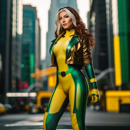 Rogue1024, a woman full body, wears a yellow and green superhero suit and a jacket, cyberpunk city background, highly detailed, photography, ultra sharp, film, professional, 64k <lora:add-detail-xl:1.5> <lora:Rogue1024:0.8>