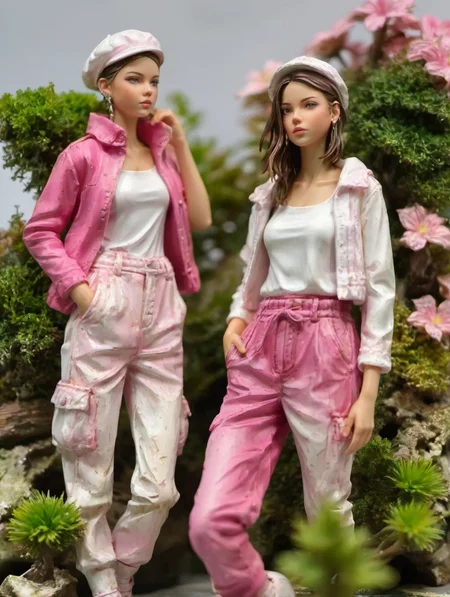 resin material style, close up, pink and white outfits, ready poses, weathered textures, plants, <lora:è¶ä½¬V1:0.7>