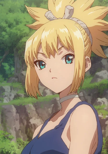 score_8_up, score_7_up, anime screenshot, looking at viewer, upper body,
<lora:Kohaku (Autism Mix XL):0.8> 1girl, kohaku \(dr. stone\), blonde hair, ponytail, choker, green blue eyes, kohakudress, blue dress