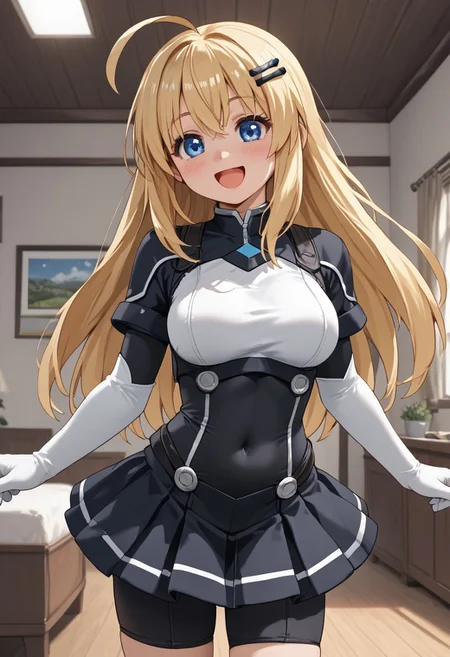 score_4,score_5,score_6,score_7_up,score_8_up,score_9 ((masterpiece,best quality,ultra detailed,highres,HD,4k:1.2)),
1 cute girl,solo,girl focus,solo focus,face focus,
indoors,
large breast, blonde, long hair, ahoge, blue eyes,hairpin,
white elbow gloves,covered navel,body suit,skirt,boot,black knee socks,
smile,happy,open mouth,blush,