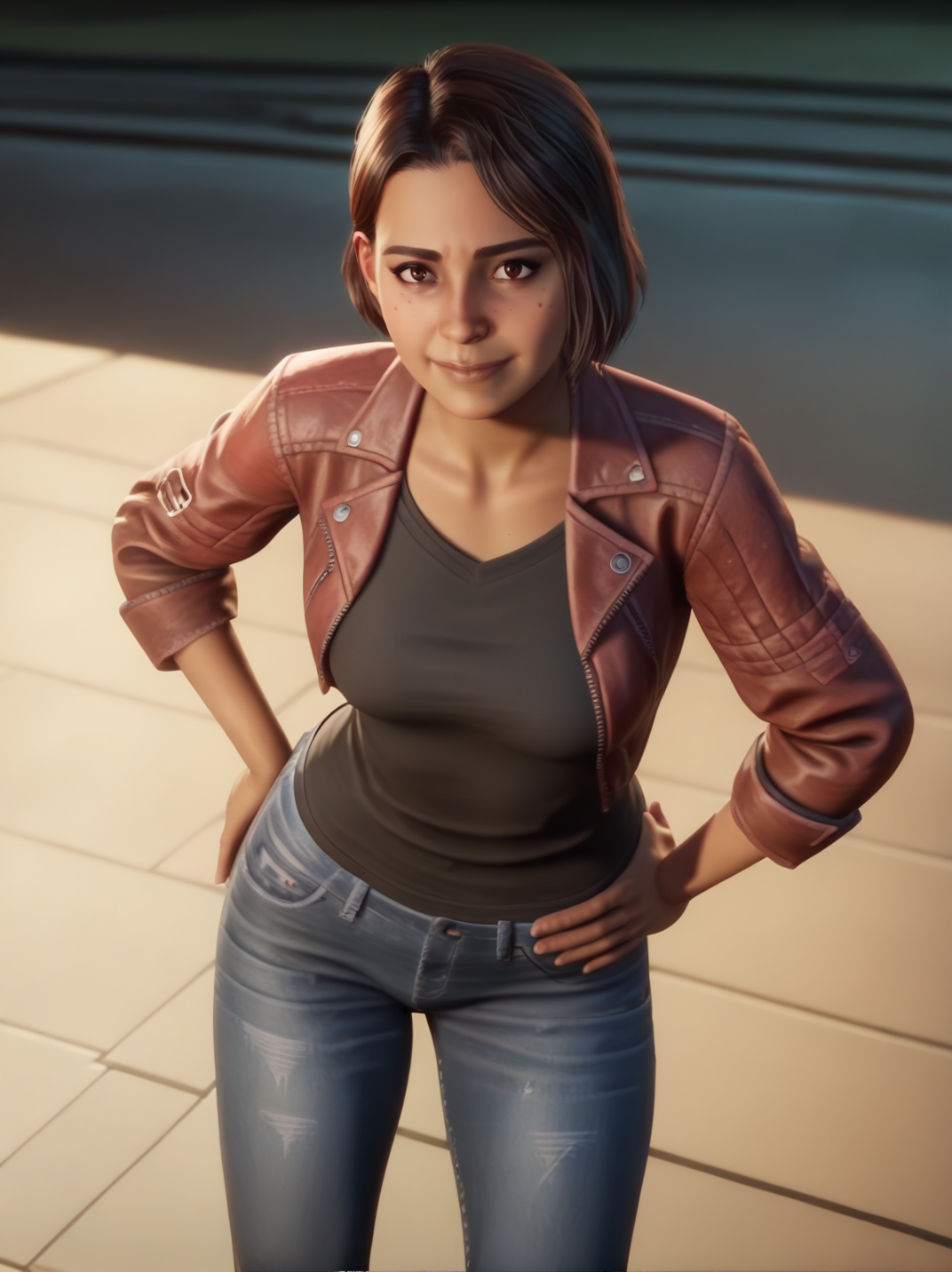 score_9, score_8_up, score_7_up,,
MioXL, dynamic pose, dynamic angle, one hand on hips, leaning forward, light smile, cowboy shot, dutch angle, medium breasts, 
 <lora:AMioSplitFiction_character:1>, short hair, brown hair, brown eyes, red open jacket, black shirt, denim pants, realistic, screencap,