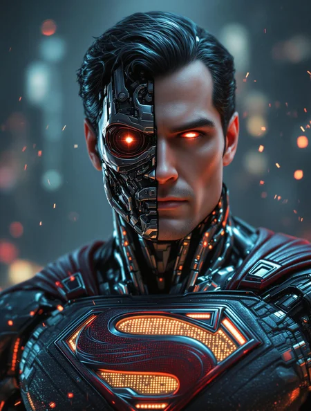 ultra realistic cyborg Superman, half of his face is robotic with exposed cybernetic components, glowing red eye on the robotic side, one arm is fully mechanical with intricate titanium details and hydraulic pistons, the chest emblem is a 3D metallic Superman logo with embedded LED lights, his suit is a fusion of advanced alien armor and cybernetic plating, dramatic lighting, hyper-detailed textures, 8K resolution, cinematic mood, futuristic city background with sparks and smoke, concept art style, photorealistic skin and metal reflections