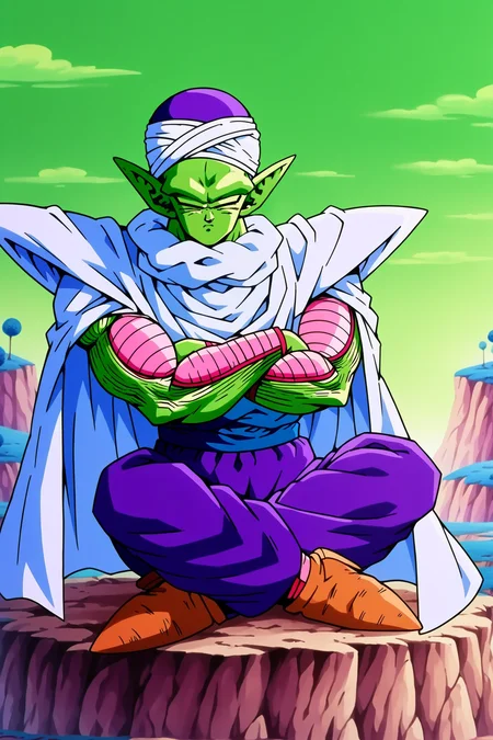 score_9, score_8_up, score_7_up, score_6_up,source_anime, BREAK namek, on top of a cliff,blue grass, green sky,tree, piccolo,1boy, full body,green skin, white turban, white cape, purple dougi,pink patches, blue sash, brown shoes,purple pants,pointy ears,sitting, indian style, crossed arms, closed eyes,serious, sleeveless,crossed legs, <lora:NamekPony:0.8> <lora:Piccolo_v0_9:1>