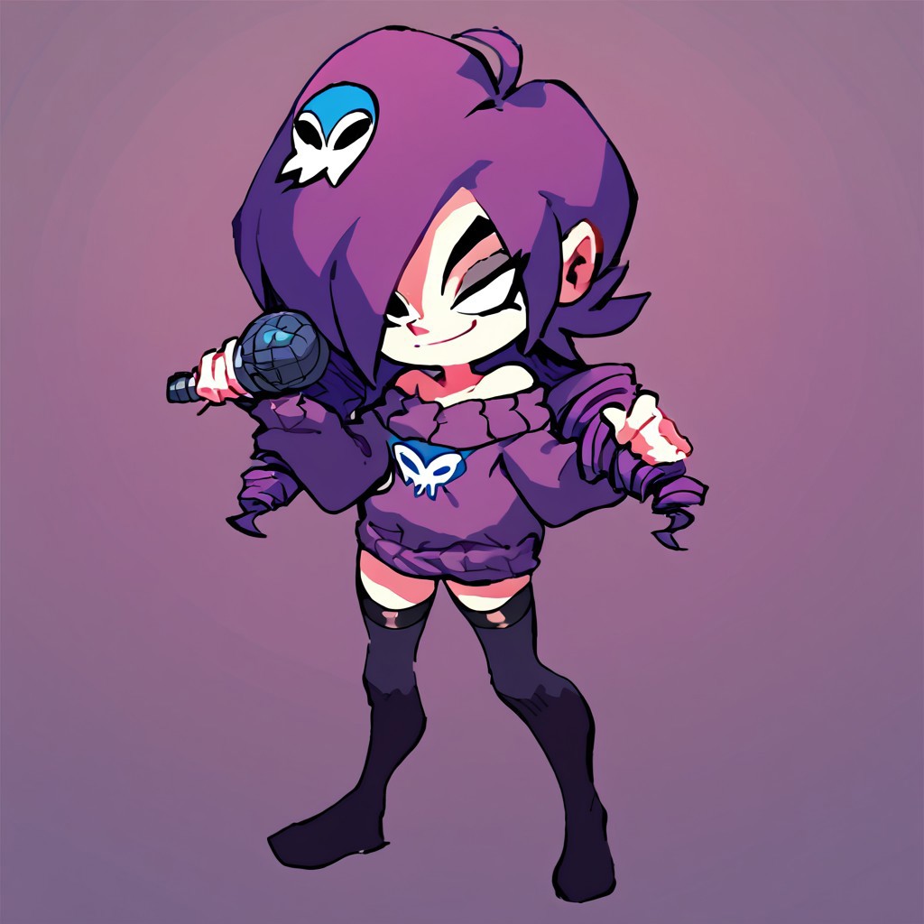 score_9, score_8_up, score_7_up, source_cartoon, solo, 1girl, full body, high definition, high resolution, zone-tan, hair over one eye, ahoge, drill hair, skull hair ornament, off-shoulder sweater, black thighhighs, purple hair, hold microphone, smiling, black eyes