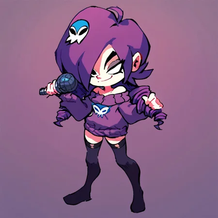 score_9, score_8_up, score_7_up, source_cartoon, solo, 1girl, full body, high definition, high resolution, zone-tan, hair over one eye, ahoge, drill hair, skull hair ornament, off-shoulder sweater, black thighhighs, purple hair, hold microphone, smiling, black eyes