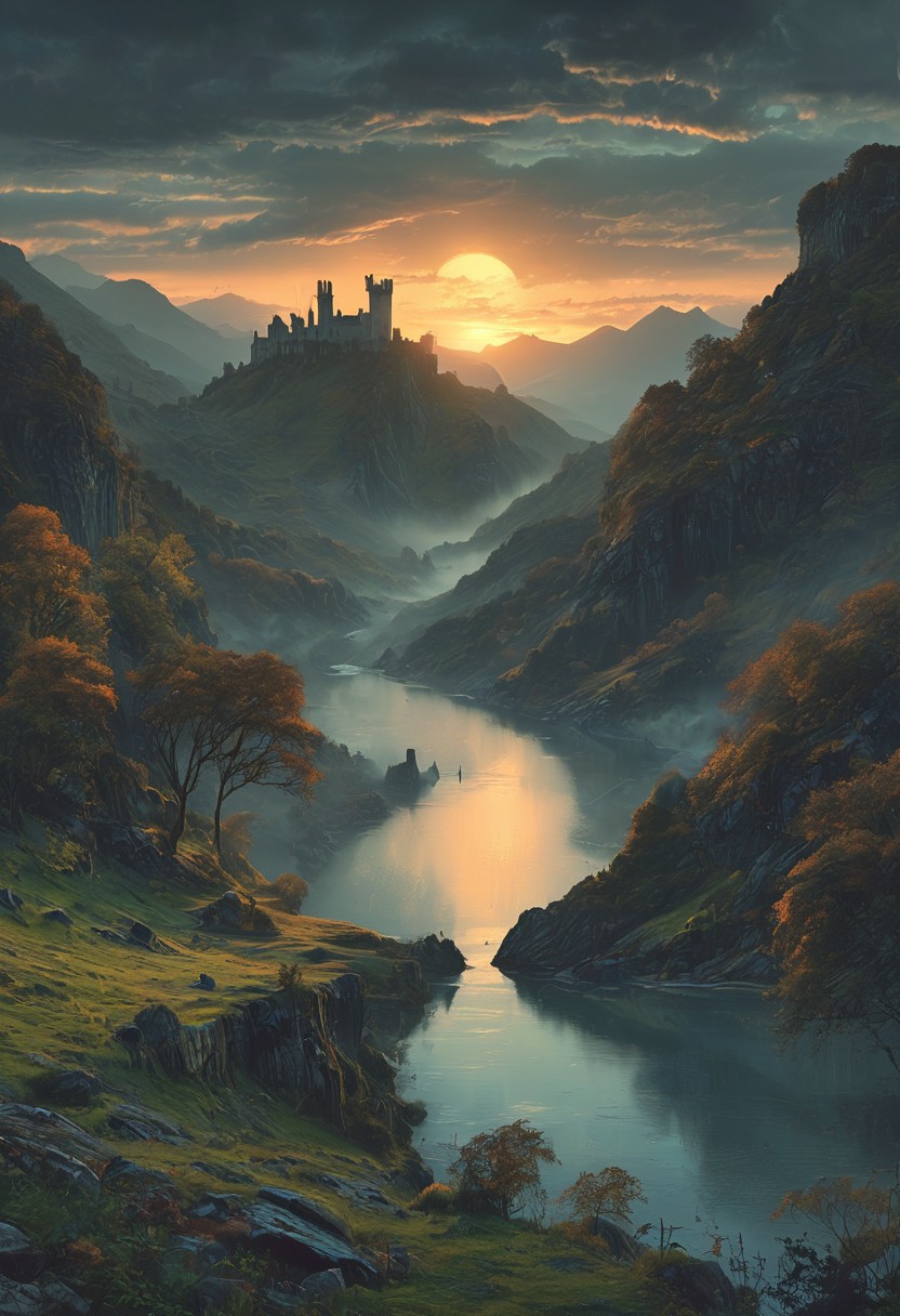 A captivating night scene illustration featuring a beautiful castle on a large  hill overlooking a lake in Wales.   The castle is ancient but well maintained and updated and comfortable to live in.  This enchanting artwork captures a serene and peaceful early morning, where the sun is just starting to rise over the beautiful hills and castle which   stands resolute amidst hills of Wales, creating a cinematic experience., illustration, cinematic
<lora:DonM3t3rn1tyXL-v1.1:0.7>, DonM3t3rn1tyXL,
OverallDetailXL  <lora:MJ52:0.3>  <lora:SDXLFaeTastic2400:0.4>  <lora:EpicF4nta5yXL:0.7>