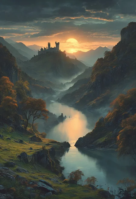 A captivating night scene illustration featuring a beautiful castle on a large  hill overlooking a lake in Wales.   The castle is ancient but well maintained and updated and comfortable to live in.  This enchanting artwork captures a serene and peaceful early morning, where the sun is just starting to rise over the beautiful hills and castle which   stands resolute amidst hills of Wales, creating a cinematic experience., illustration, cinematic
<lora:DonM3t3rn1tyXL-v1.1:0.7>, DonM3t3rn1tyXL,
OverallDetailXL  <lora:MJ52:0.3>  <lora:SDXLFaeTastic2400:0.4>  <lora:EpicF4nta5yXL:0.7>