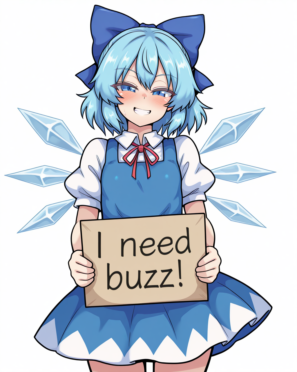 1girl, solo, cirno,blue bow,blue hair,blue eyes,blue dress,white shirt,red ribbon,ice wings, flat chest, naughty face, grin, need_buzz, holding sign, black-burakku, standing, looking at viewer, cowboy shot, simple background, white background, masterpiece, best quality, very aesthetic, absurdres