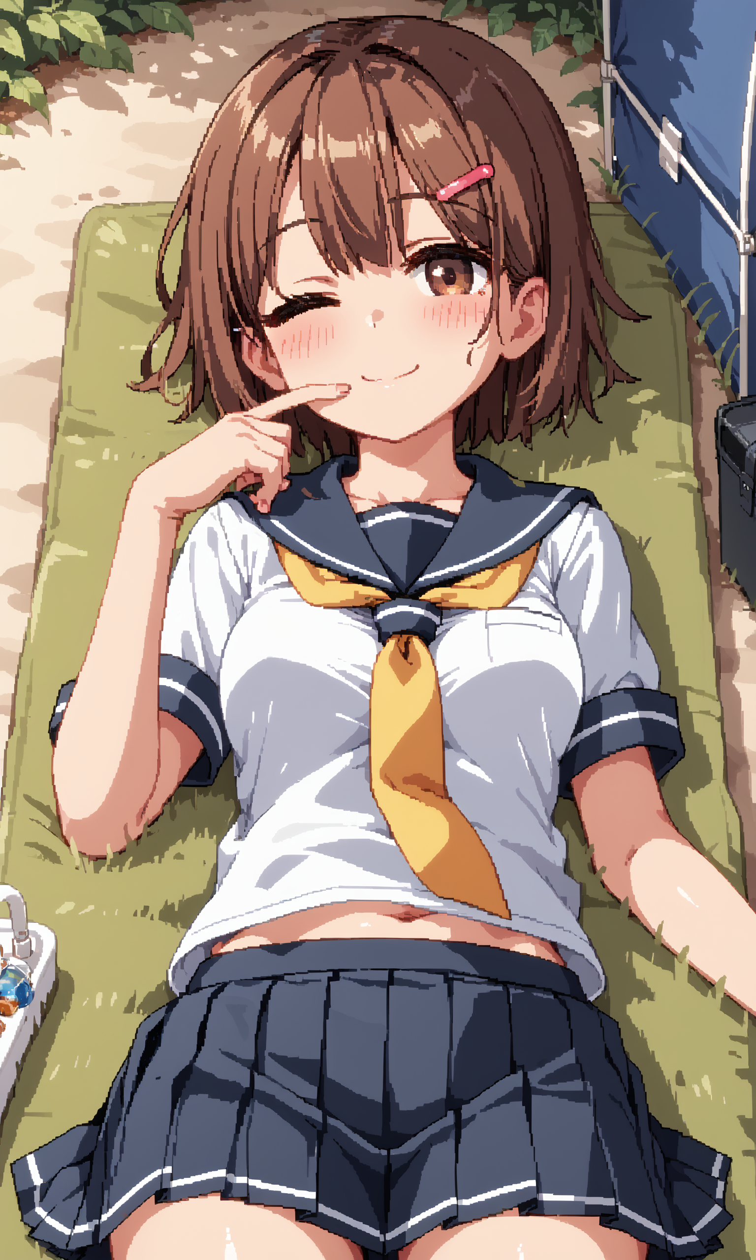 score_9, score_8_up, score_7_up, BREAK source_anime, masterpiece, anime screencap, shiny skin, official style, illustration,
8k, highres, incredibly_absurdres,
insanely detailed, anatomically correct, best perspective,
<lora:Aduare Style Pony:0.35>,
pixel art,
1girl, (Beautiful Breasts, natural breasts:1.2),
smile, one eye closed ,
cowboy shot ,
from below,
sharp focus, colorful,
blush, Drunk ,
looking back,
shushing, finger to mouth,
lying, on back ,
short hair, flat chest, brown eyes, hair ornament, brown hair, hairclip, bangs, 
school uniform, skirt, serafuku,short sleeves,yellow neckerchief, pleated skirt, black skirt, shirt, sailor collar,
In the park, in the woods, in a tent,
<lora:Summer_Memoriesãã¾ããã¼_Doujin_OtomeHentai_Game_Art_Style:0.85>