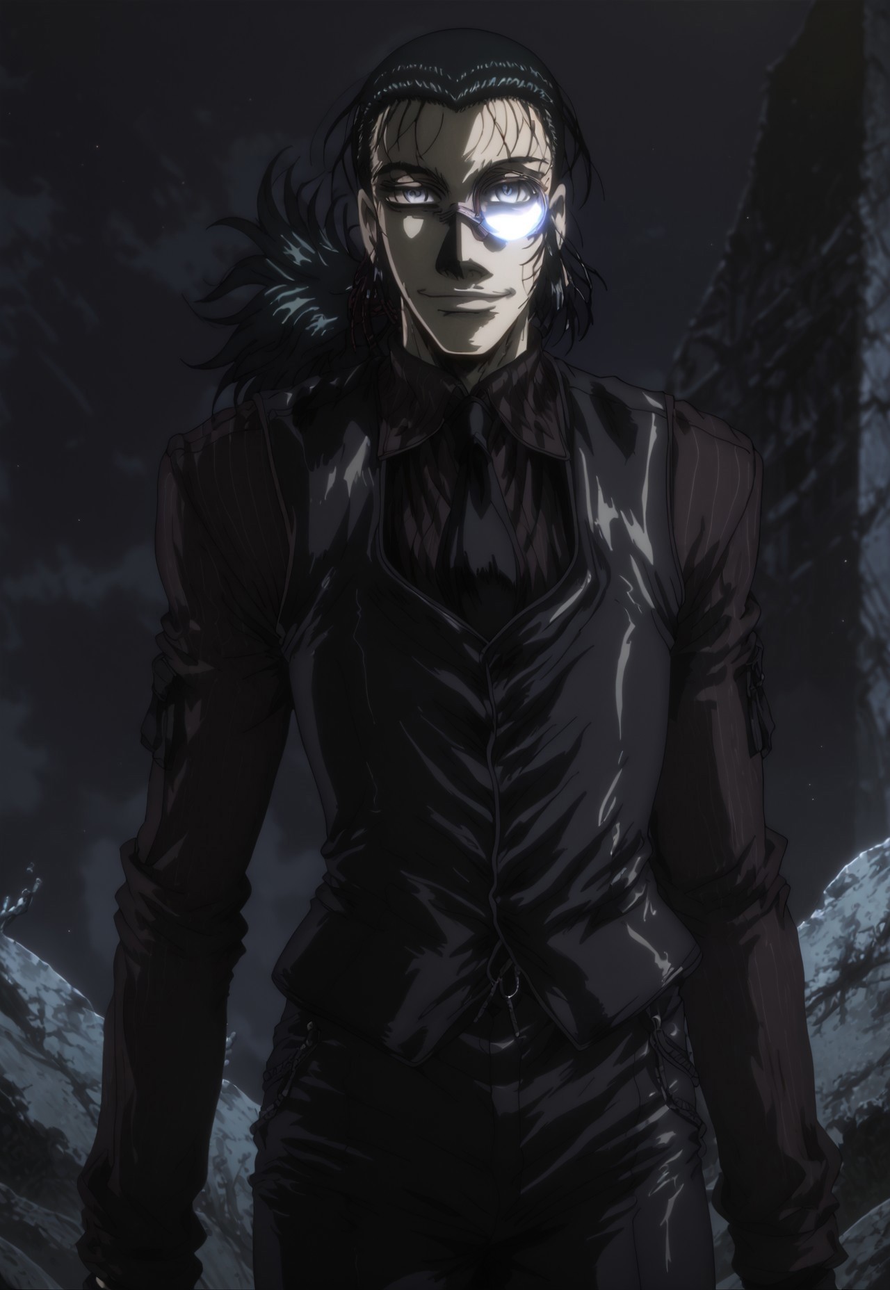 score_9, score_8_up, score_7_up, 1 boy, solo, DarkWalter, blue eyes, black hair, black tie, black vest, black pants, black shoes, black fingerless gloves, keychain, monocle, back slicked ponytail, looking at viewer, gentle smile