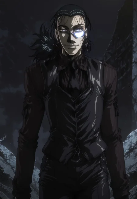 score_9, score_8_up, score_7_up, 1 boy, solo, DarkWalter, blue eyes, black hair, black tie, black vest, black pants, black shoes, black fingerless gloves, keychain, monocle, back slicked ponytail, looking at viewer, gentle smile