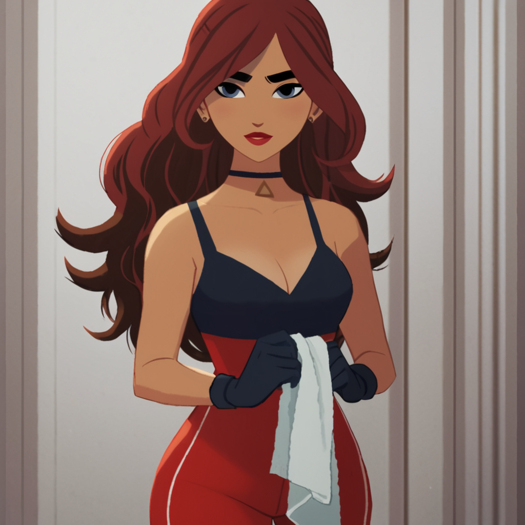 <lora:Carmen_Sandiego_Netfix_Series:1> black suit, blue eyes, carm3n sandi3go, curly hair, grabbing towel, long black gloves, long hair, necklace, red hair, red pants, updo hair, (massive tits:1.3), cleavage, score_9, score_8_up, score_7_up, score_6_up, score_5_up, score_4_up,