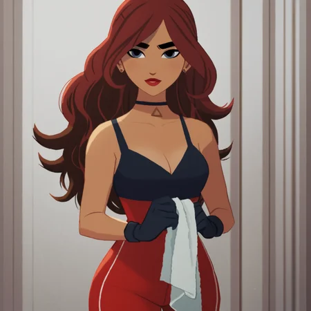 <lora:Carmen_Sandiego_Netfix_Series:1> black suit, blue eyes, carm3n sandi3go, curly hair, grabbing towel, long black gloves, long hair, necklace, red hair, red pants, updo hair, (massive tits:1.3), cleavage, score_9, score_8_up, score_7_up, score_6_up, score_5_up, score_4_up,
