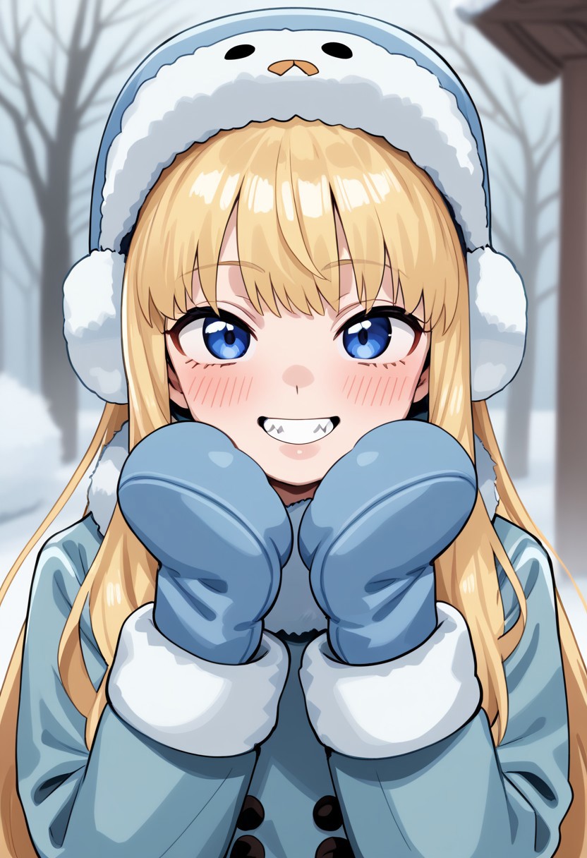 iisan, digital illustration, charact portrait, depth of field, pastel coloring/(medium/), blonde hair, very long hair, blushing, face focus, buck teeth, looking at viewer, ushanka, mittens, winter coat