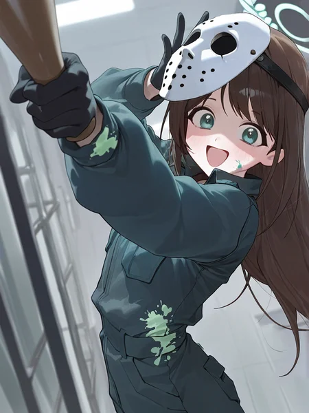 modare, 1girl, solo, airi_(halloween)_(blue_archive), small breasts, dark green jumpsuit, black gloves, green paint splatter on clothe:1.2, green paint splatter on face:1.2, baseball bat, long straight hair, brown hair, hockey mask on head, alternative_official_costume, <lora:Airi__Blue_Archive_-_Halloween_Costume_アイリ_-_ハロウィン:0.5>, airi_(blue_archive)_hlw, __positive__, shaded face, (((inside an old factory:1.2))), blurry background, crazy smile, (((incoming attack:1.5))), looking at viewer, from side, arms up, holding bat with two hands, very dynamic pose, ((dynamic angle:1.5)), blurry foreground